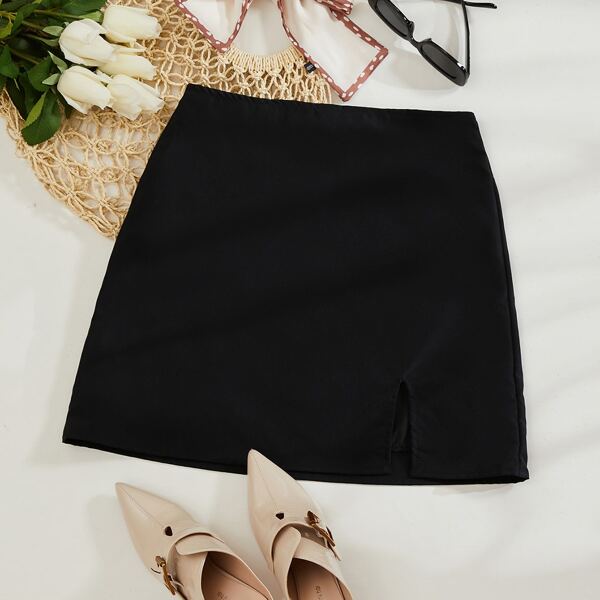 

Plus Elastic Waist Solid Skirt, Black