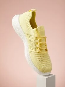 Cuccoo Minimalist Lace Up Decor Knit Sneakers - Yellow - View 3