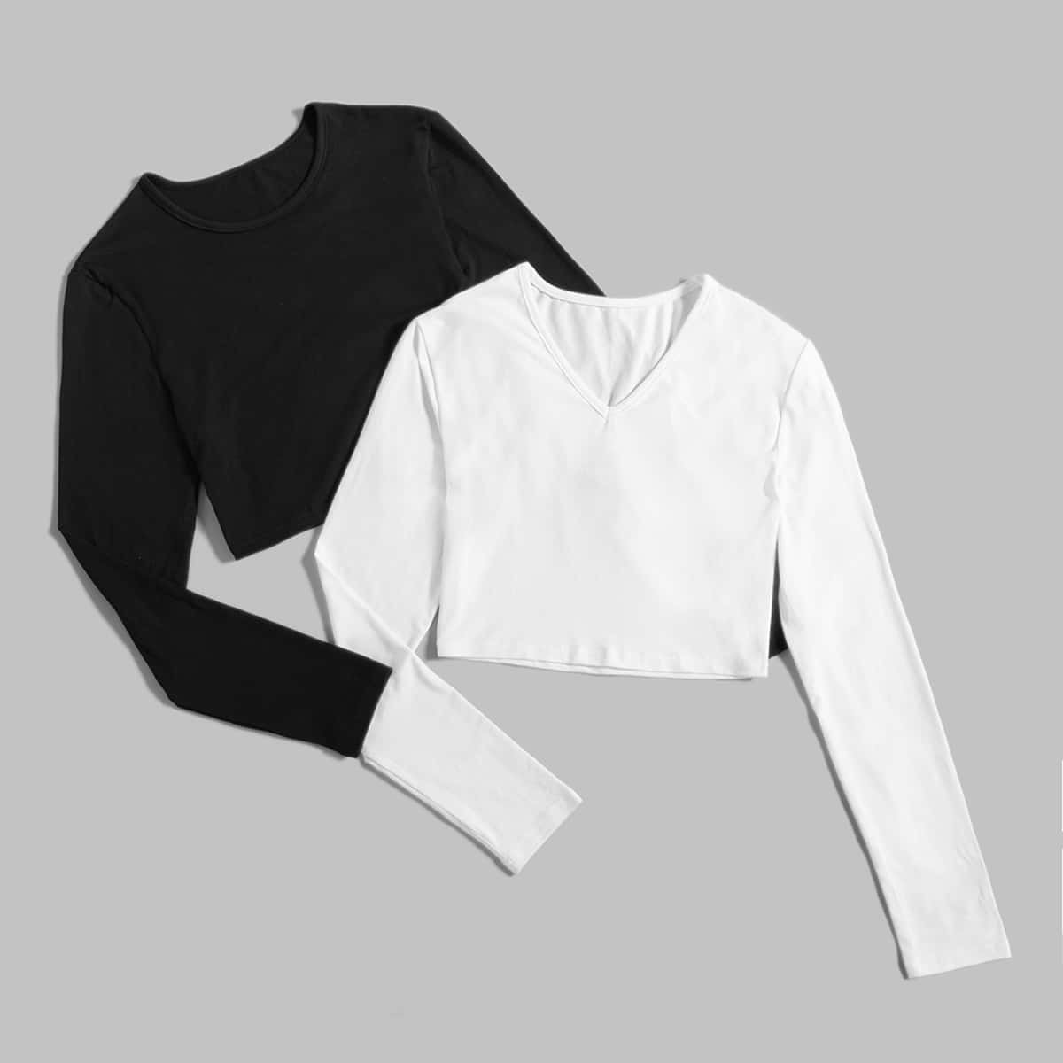 

2 Pack Solid V Neck Crop Tee, Black and white