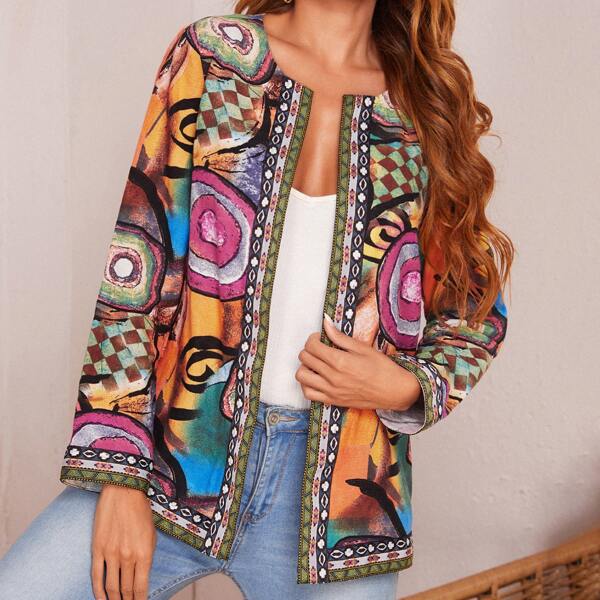 

Open Front Allover Print Coat, Multicolor