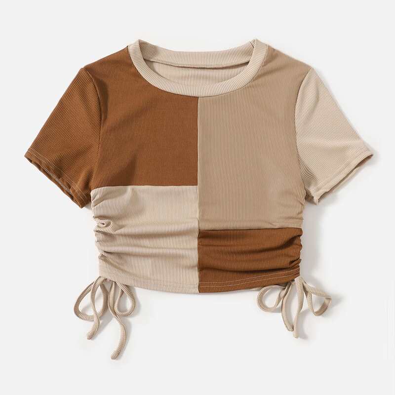 

Colorblock Drawstring Ruched Ribbed Crop Tee, Multicolor
