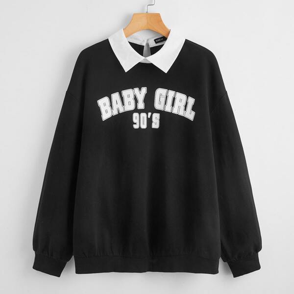 

Plus Contrast Collar Letter Graphic Drop Shoulder Pullover, Black and white