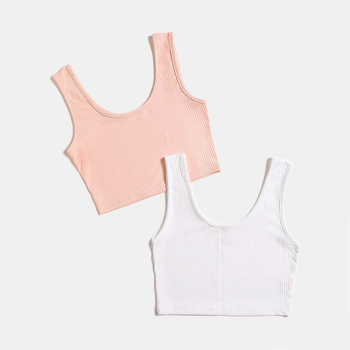

2pcs Solid Ribbed Crop Tank Top, Multicolor