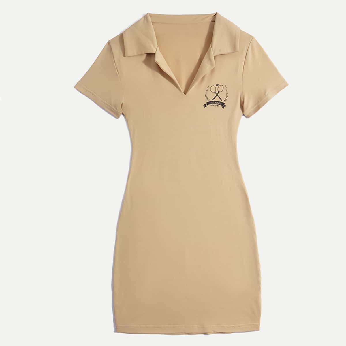 

Letter Tennis Racket Graphic Collar Dress, Apricot