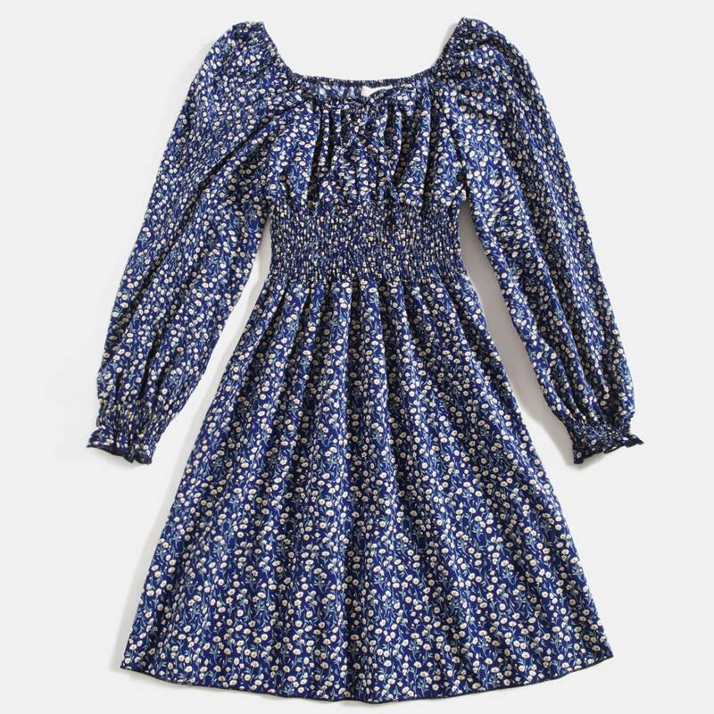 Ditsy Floral Ruched Bust Puff Sleeve Shirred Dress, Navy blue