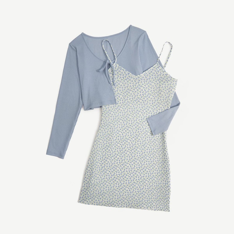 

Solid Knot Front Top & Ditsy Floral Cami Dress, Multicolor