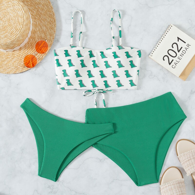 

3pack Dinosaur Print Bikini Swimsuit, Green