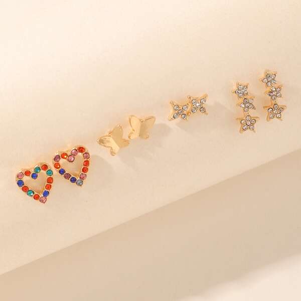 

4pairs Girls Butterfly & Heart Design Stud Earrings, Multicolor