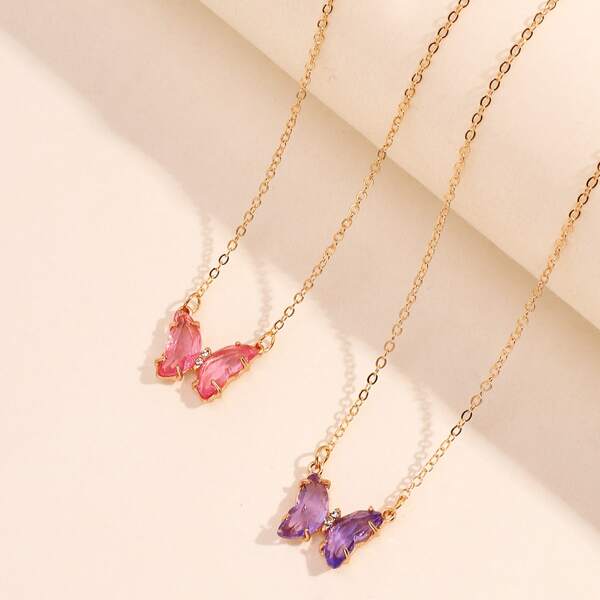 

2pcs Girls Butterfly Pendant Necklace, Multicolor