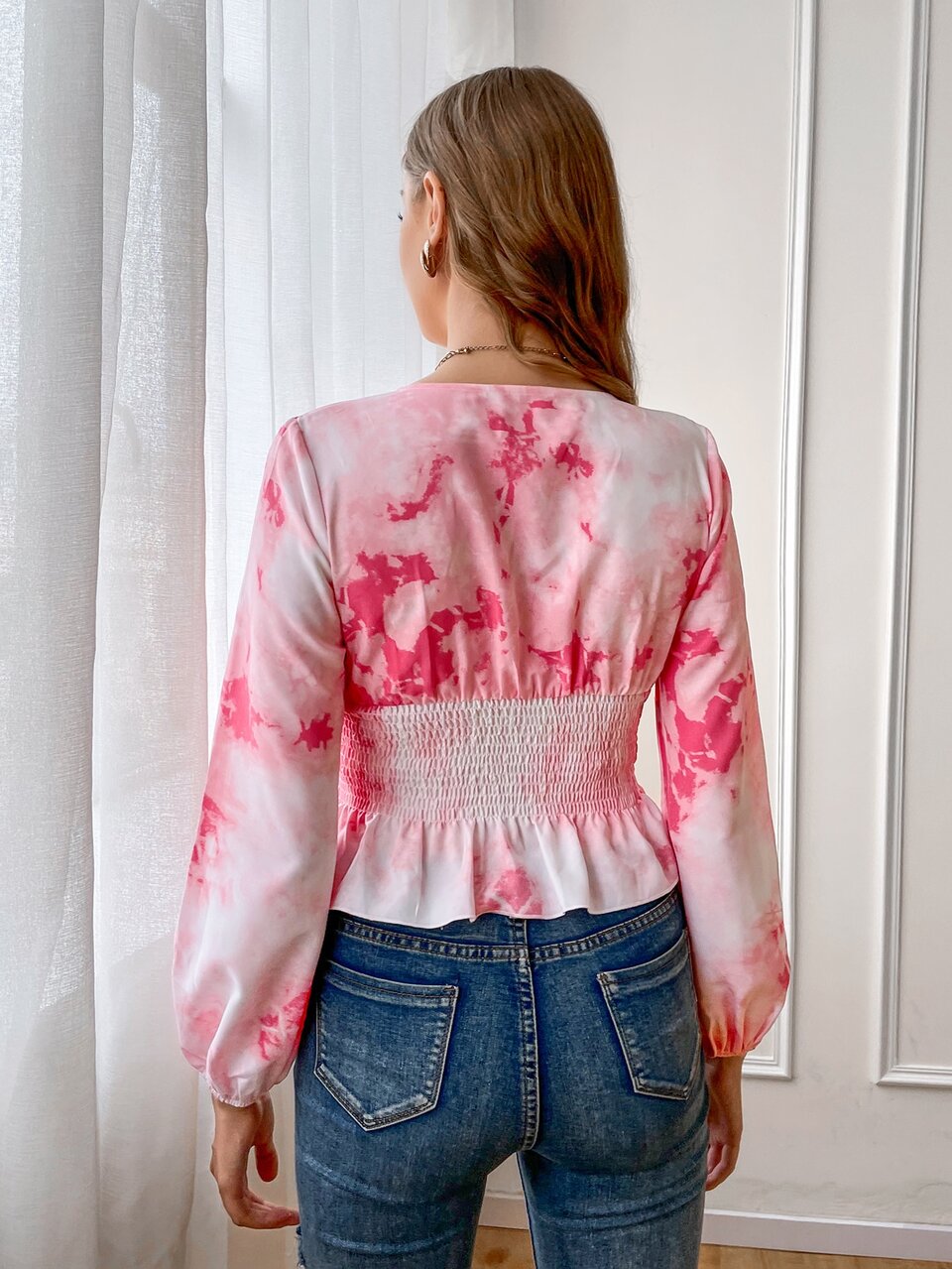 Tie Dye Lantern Sleeve Peplum Top