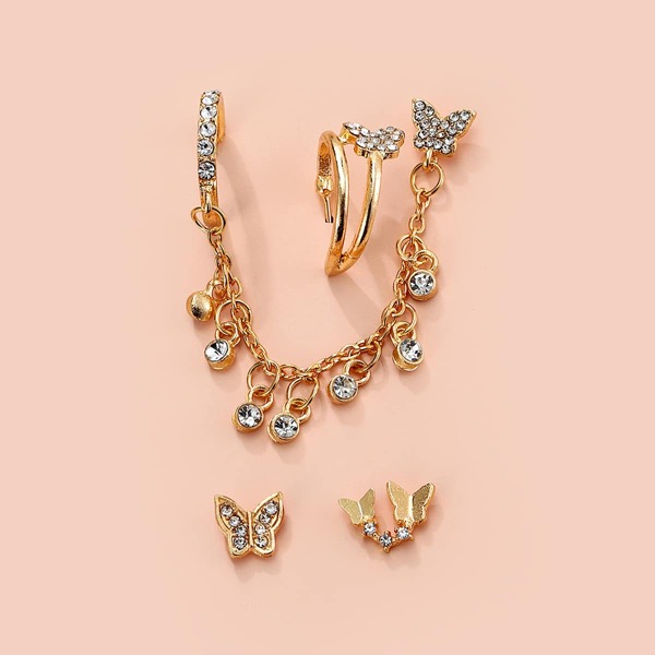 

4pcs Butterfly Detail Earrings, Gold