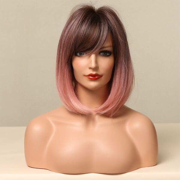 

Natural Ombre Short Wig With Bangs, Hot pink