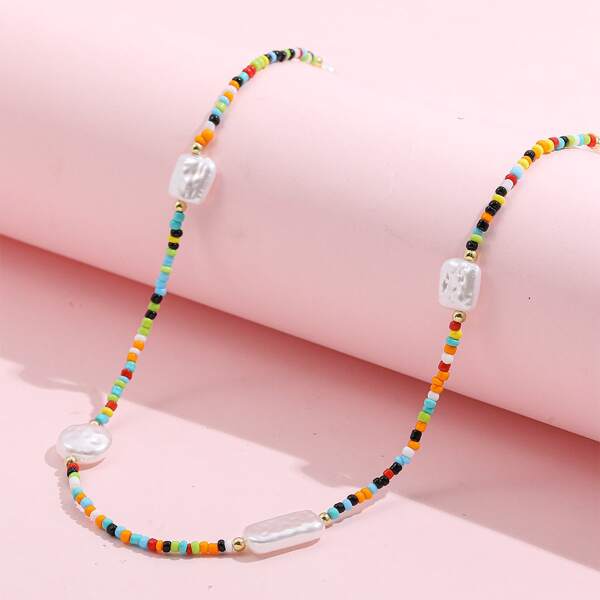 

Faux Pearl Decor Beaded Necklace, Multicolor
