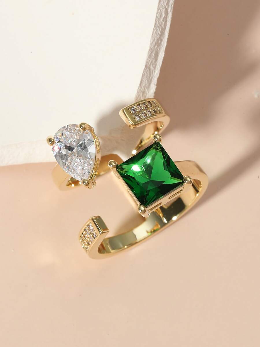 方晶鋯石裝飾開口戒指 - 金黃色 - 查看 1