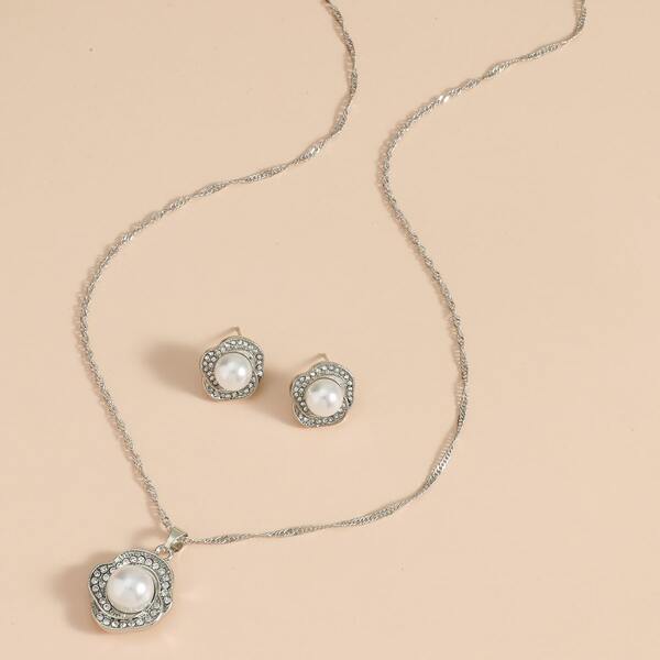 

1pc Faux Pearl Decor Necklace & 1pair Earrings, Silver