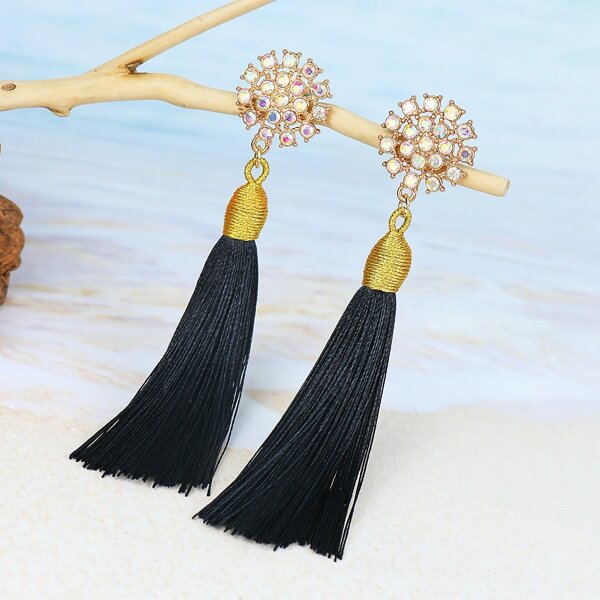

Rhinestone Detail Tassel Drop Earrings, Black