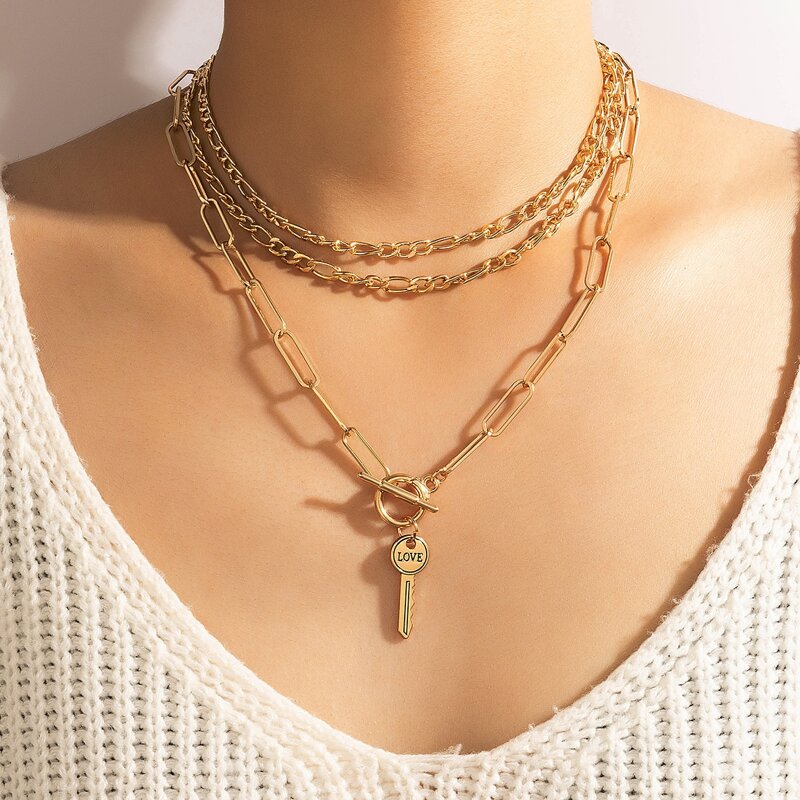 

2pcs Key Decor Chain Necklace, Gold