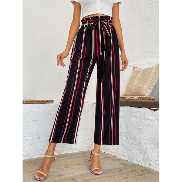 

Striped Paper Bag Waist Belted Wide Leg Pants, Multicolor