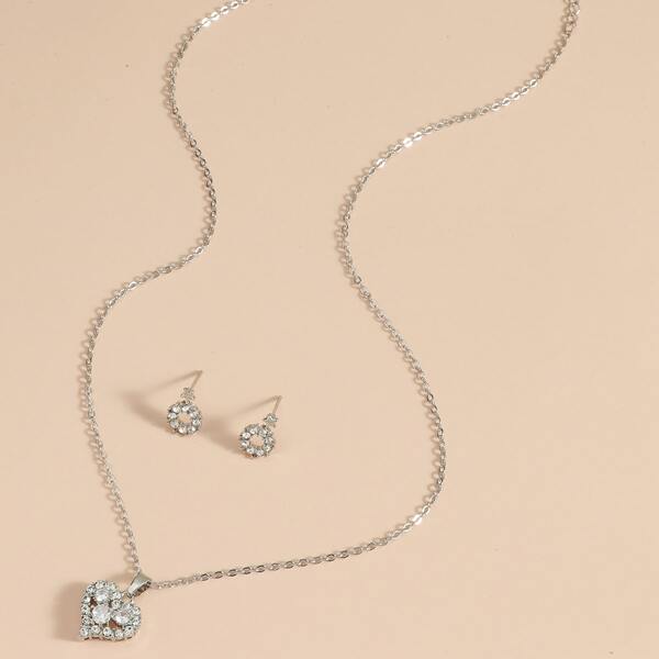

1pc Heart Charm Necklace & 1pair Earrings, Silver