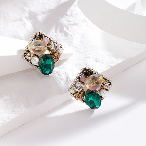 

14K Gold Plated Zircon Detail Square Earrings, Green