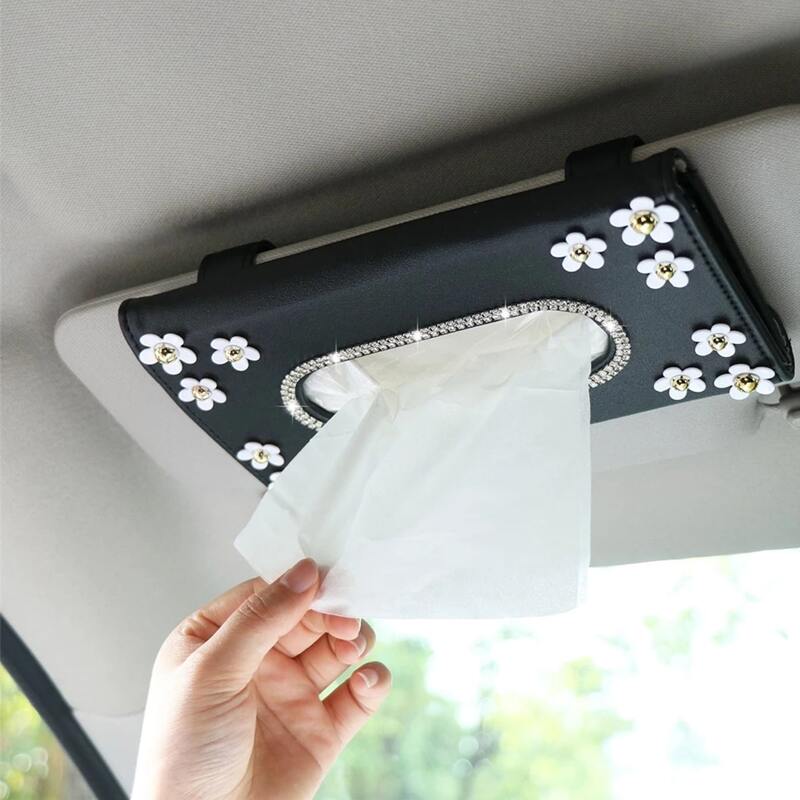 Flower & Rhinestone Decor Car Tissue Box, Black