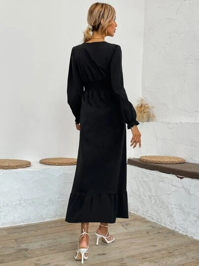 サプリスネック シャーリングウエスト フリル裾 ドレス