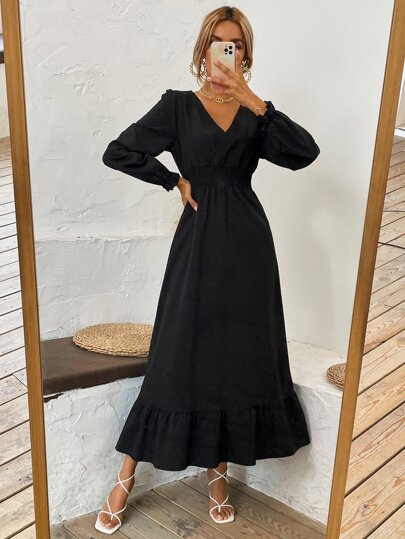 サプリスネック シャーリングウエスト フリル裾 ドレス