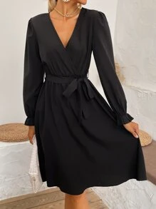 Surplice Neck Flounce Sleeve Belted A-Line Dress - Black - View 1