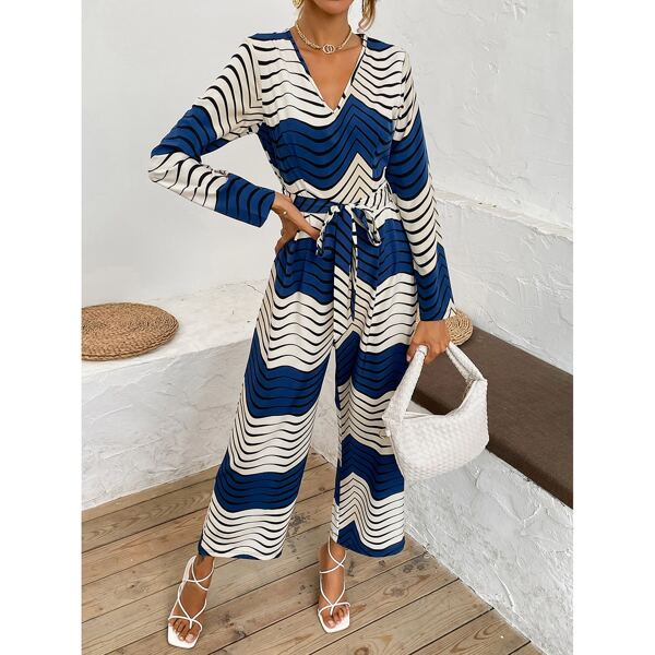 

Color Block Chevron Print Belted Jumpsuit, Multicolor