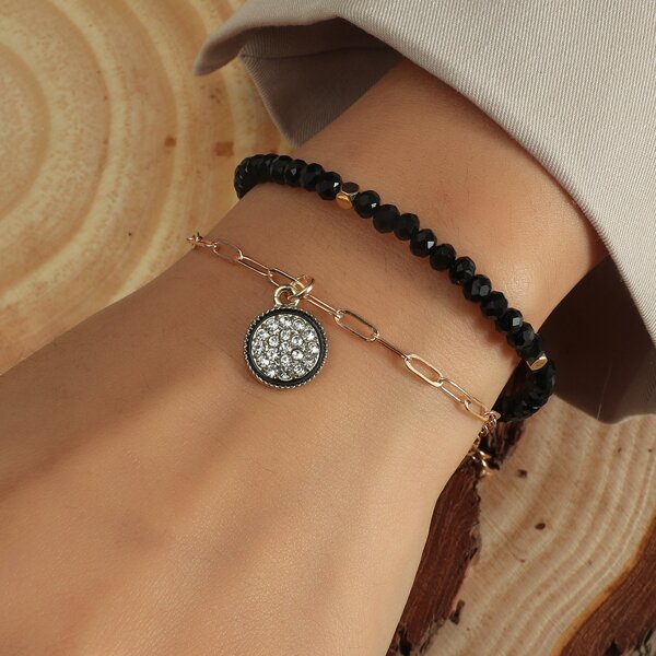 

Round Charm Layered Bracelet, Black