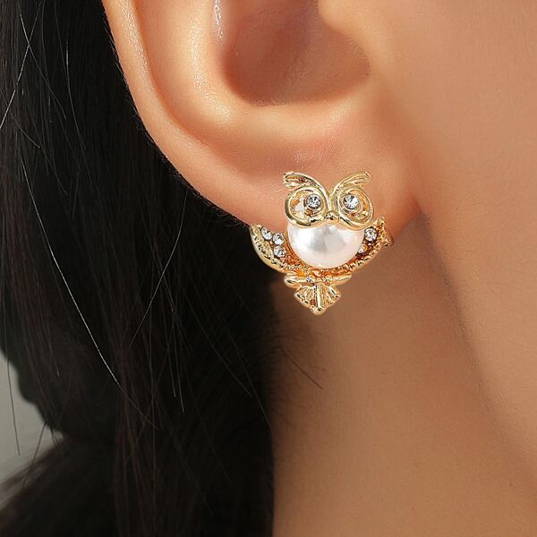 

Faux Pearl Detail Owl Design Earrings, Gold