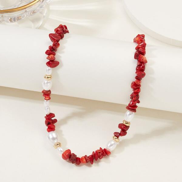 

Faux Pearl Decor Stone Beaded Necklace, Red