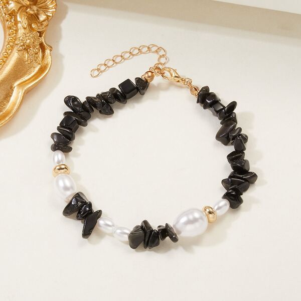 

Natural Stone & Faux Pearl Decor Bracelet, Black