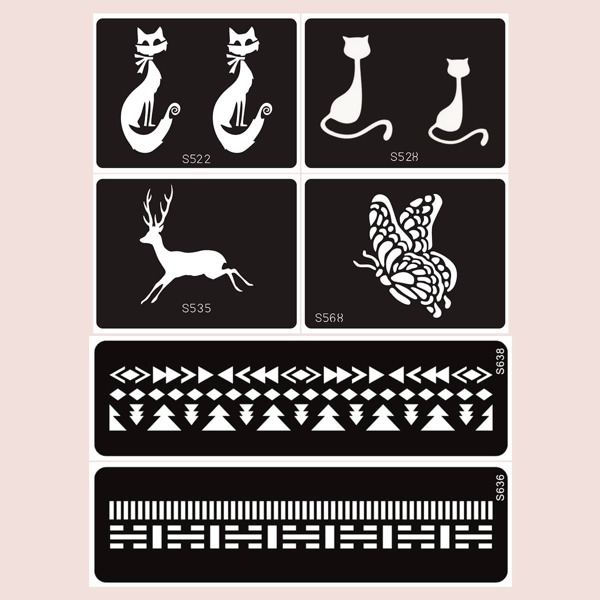 

6pcs Cat & Deer Tattoo Stencil, Black