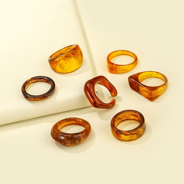 

7pcs Tortoiseshell Print Chunky Ring, Brown