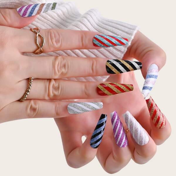 

10pcs Mix Color Glitter Line Nail Sticker, Multicolor