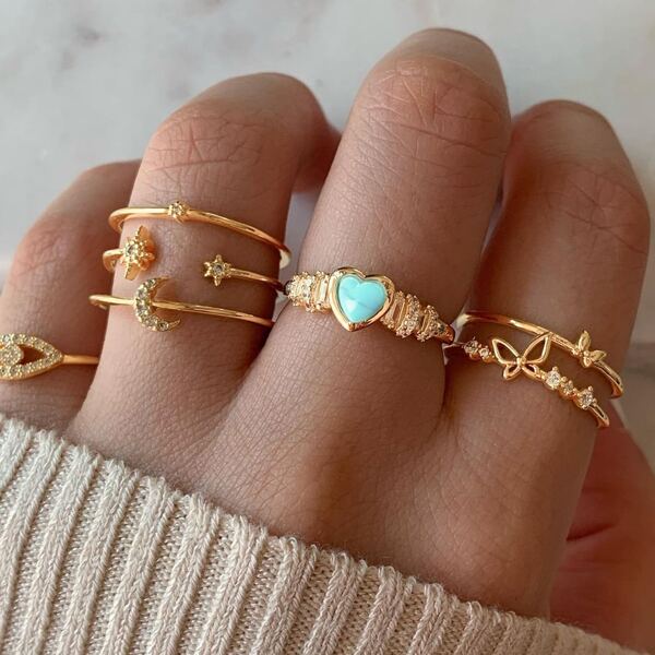 

7pcs Heart & Butterfly Decor Ring, Gold