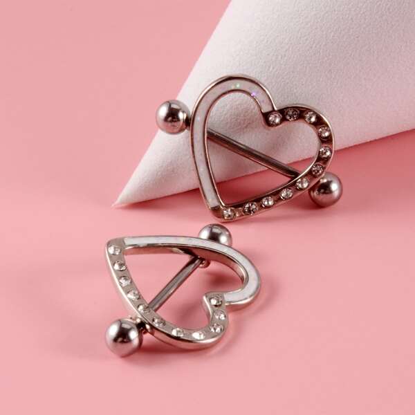 

2pcs Rhinestone Heart Design Nipple Ring, Silver