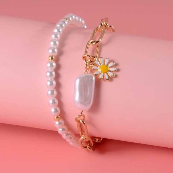 

Flower Charm Faux Pearl Beaded Layered Bracelet, Gold