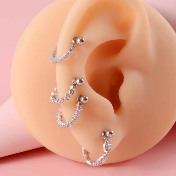 

4pcs Zircon Decor Stud Earring, Silver