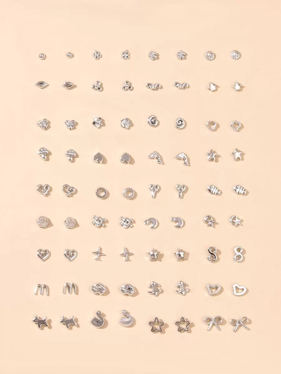 36對塑料星形愛心蝴蝶形女式耳釘套裝，款式隨機 - 銀色 - 查看 1