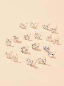 36對塑料星形愛心蝴蝶形女式耳釘套裝，款式隨機 - 銀色 - 查看 4