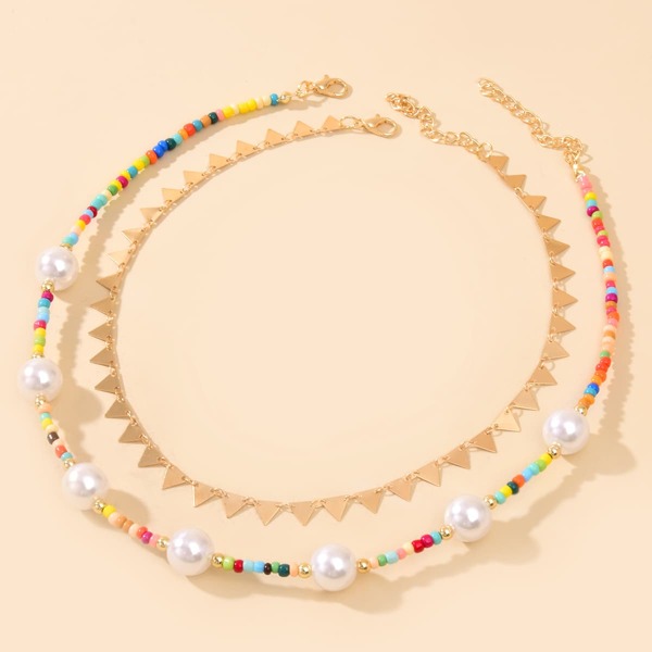 

2pcs Faux Pearl Decor Beaded Necklace, Multicolor