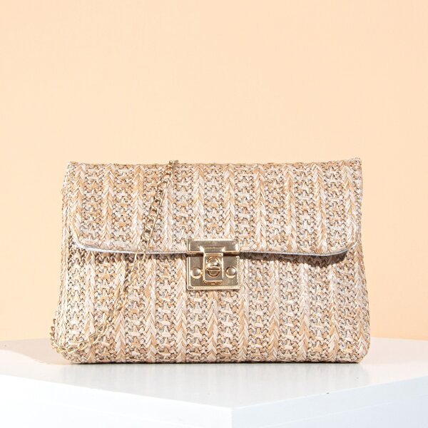 

Twist Lock Chain Straw Bag, Khaki