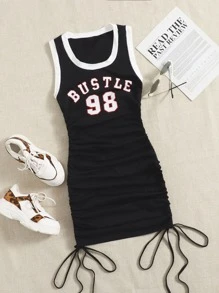 SHEIN EZwear Letter Graphic Contrast Binding Drawstring Side Dress - Black - View 1