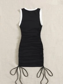 SHEIN EZwear Letter Graphic Contrast Binding Drawstring Side Dress - Black - View 2