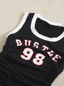 SHEIN EZwear Letter Graphic Contrast Binding Drawstring Side Dress - Black - View 3