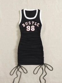 SHEIN EZwear Letter Graphic Contrast Binding Drawstring Side Dress - Black - View 4