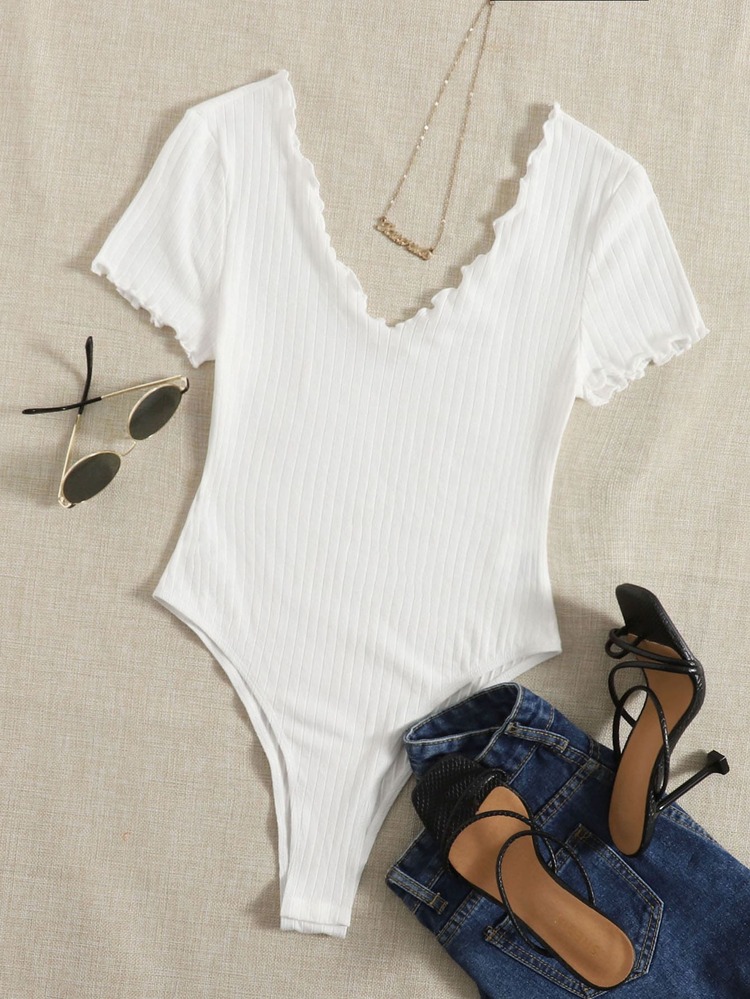 SHEIN Privé Lettuce Trim Ribbed Knit Bodysuit - White - View 1