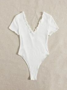 SHEIN Privé Lettuce Trim Ribbed Knit Bodysuit - White - View 2